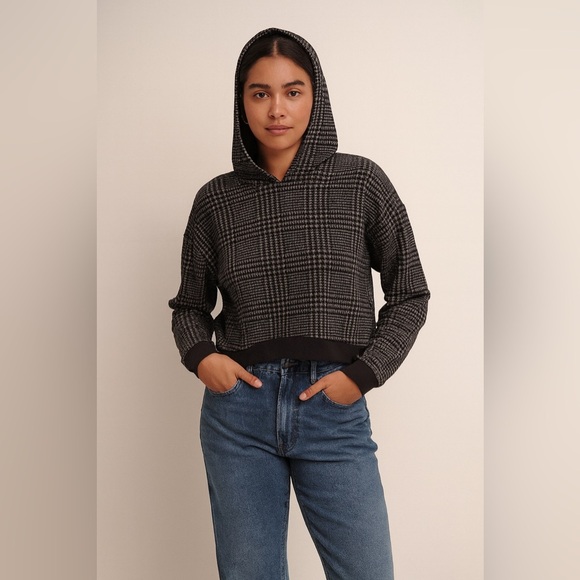 John Elliott Hoodie Black White Plaid Houndstooth Cropped Sweatshirt - Picture 1 of 12